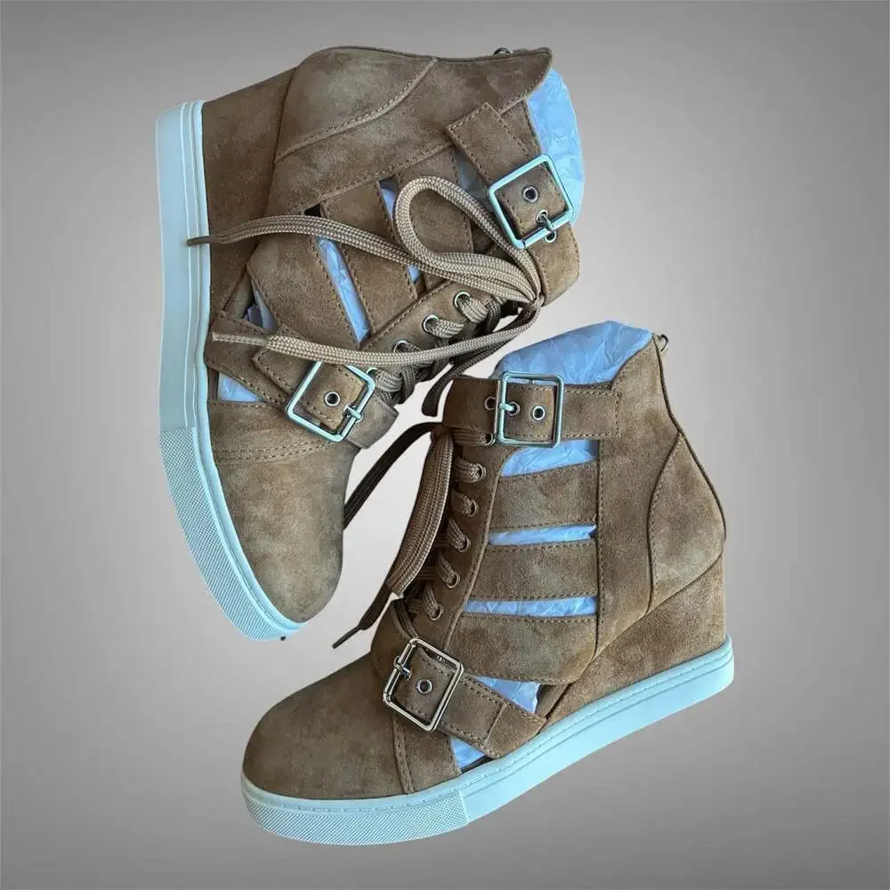 Linea Paolo Fave Tan Kid Suede Cutout Wedge Sneakers-Size 5.5-NWT